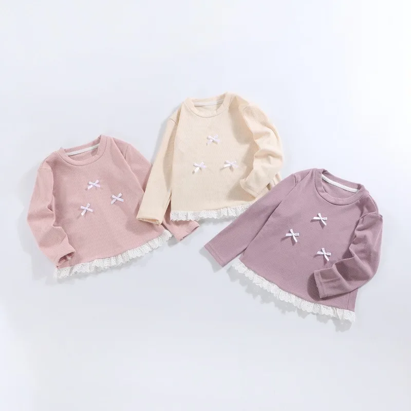 Girls T-shirts 2026 Spring Autumn Children Bow Blouse Long-sleeved Teenager Bottom Cotton Toddler Undershirts Baby Tees Clothes