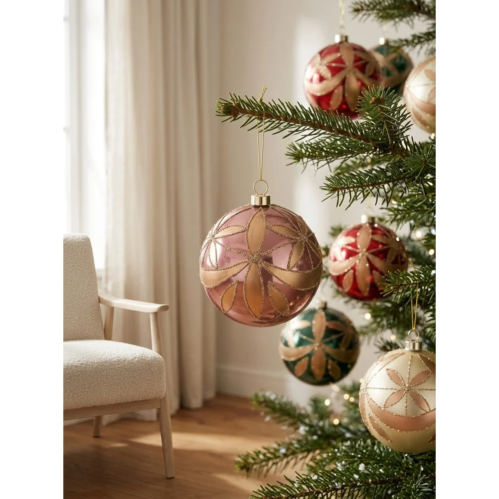 8cm Glitter Geometric Christmas Ball Set Hand Painted Gold Foil Polystyrene Ornament For Holiday Tree Wreath Home Decor