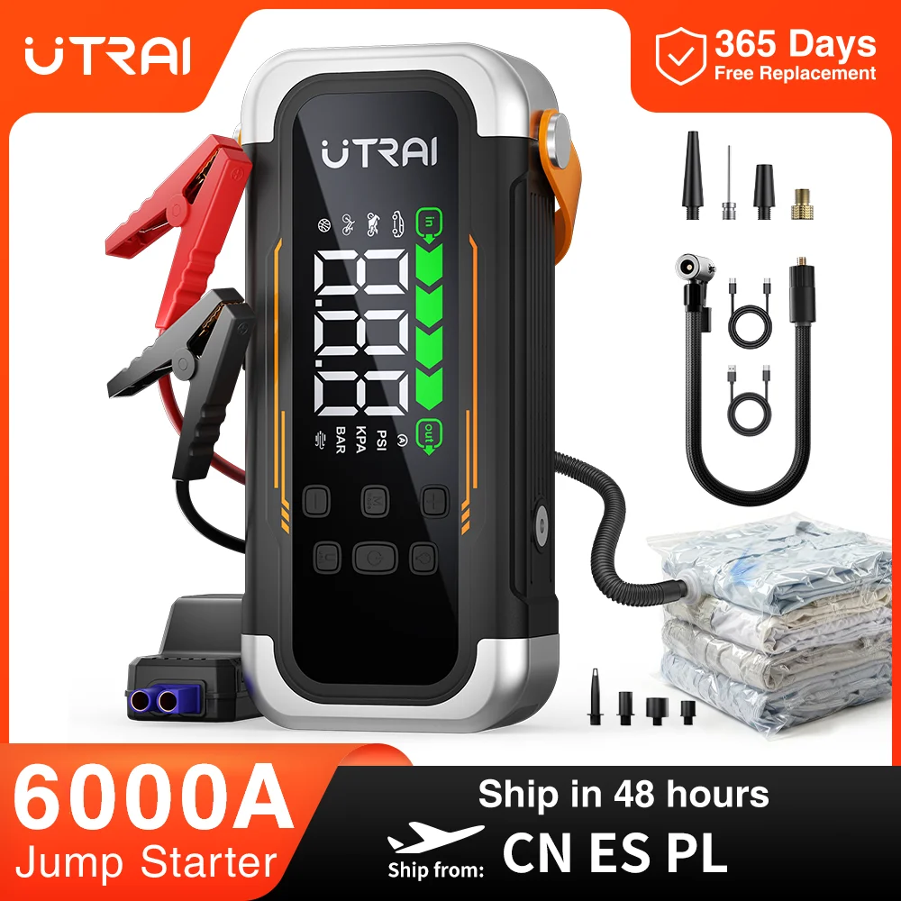 UTRAI 5 in 1 6000A Car Jump Starter 150PSI Air Pump PD30W Power Bank High-speed Airflow Dualmode For kayakingCar Battery Booster