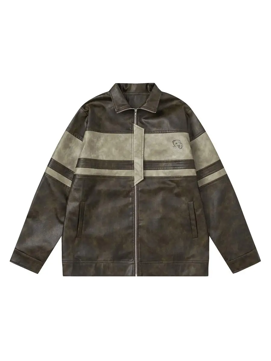 

Beast Street American Street Sle Casual Loose PU Leather Jaet Stand Collar Patchwork Biker Windbreaker Women's Coat
