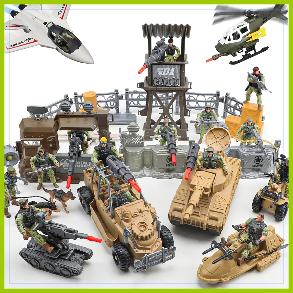 

70+ PCS Army Men Action Figures Set with Helicopter, Tank, Drones & Accessories, Realistic Military Playset