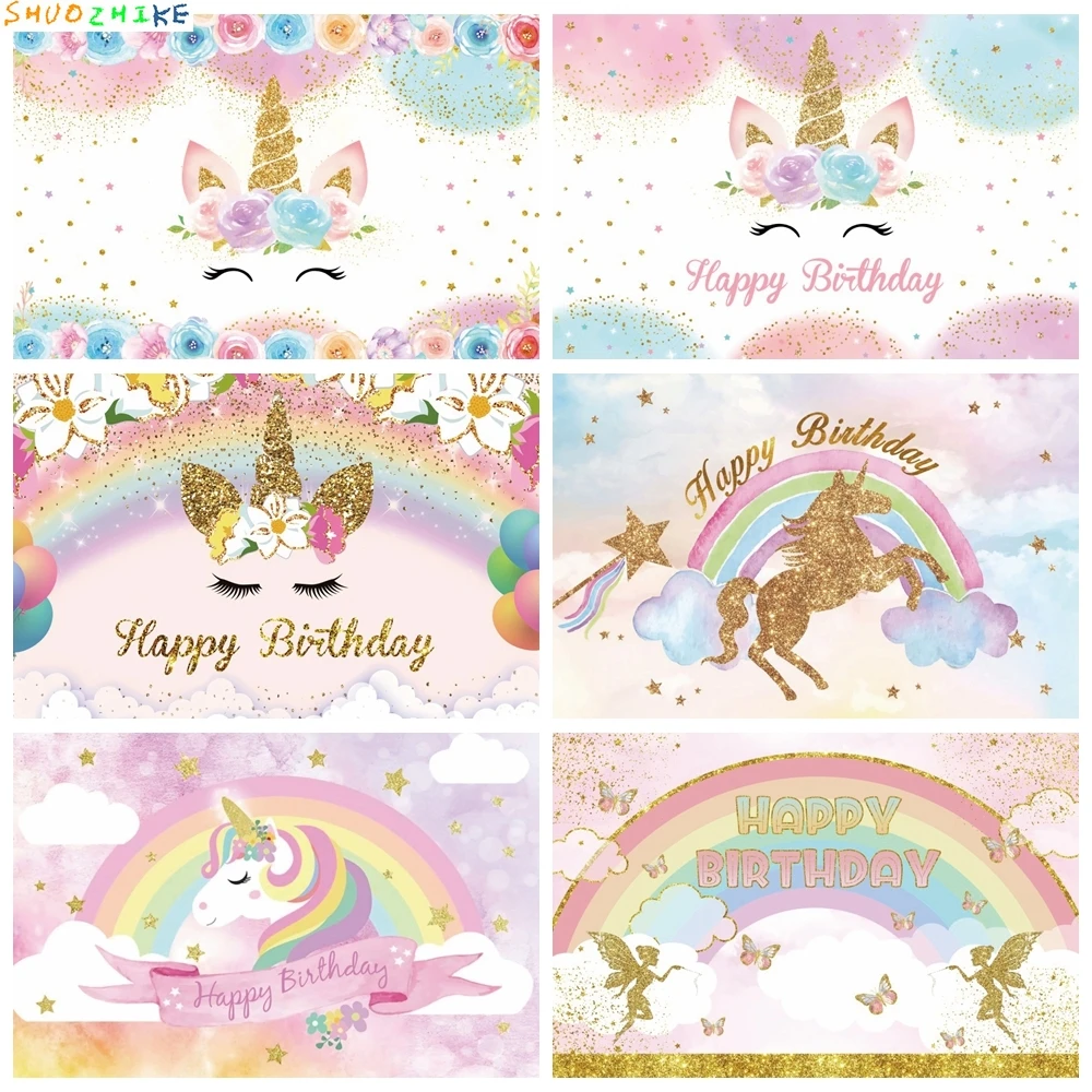 

Dreamy Unicorn Glitters Flowers Newborn Girl Baby Birthday Photography Backdrop Decoration Backgrounds For Photo Studio