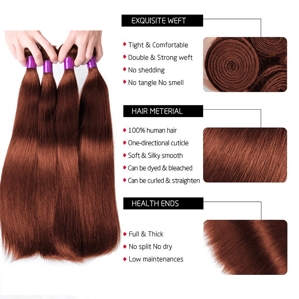 Arietis Reddish Brown Colored #33 Bone Straight Bundles Human Hair 30 Inch Raw Indian Hair Weaving For Women Extension 1/3/4 PCS