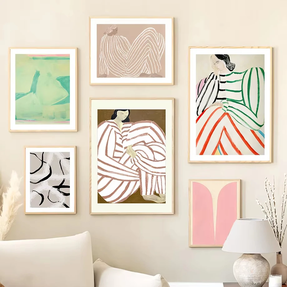 Abstract Striped Sleepwear Women's Wall Art Canvas Painting Geometric Line Picture Nordic Poster Living Room Decoration Mural