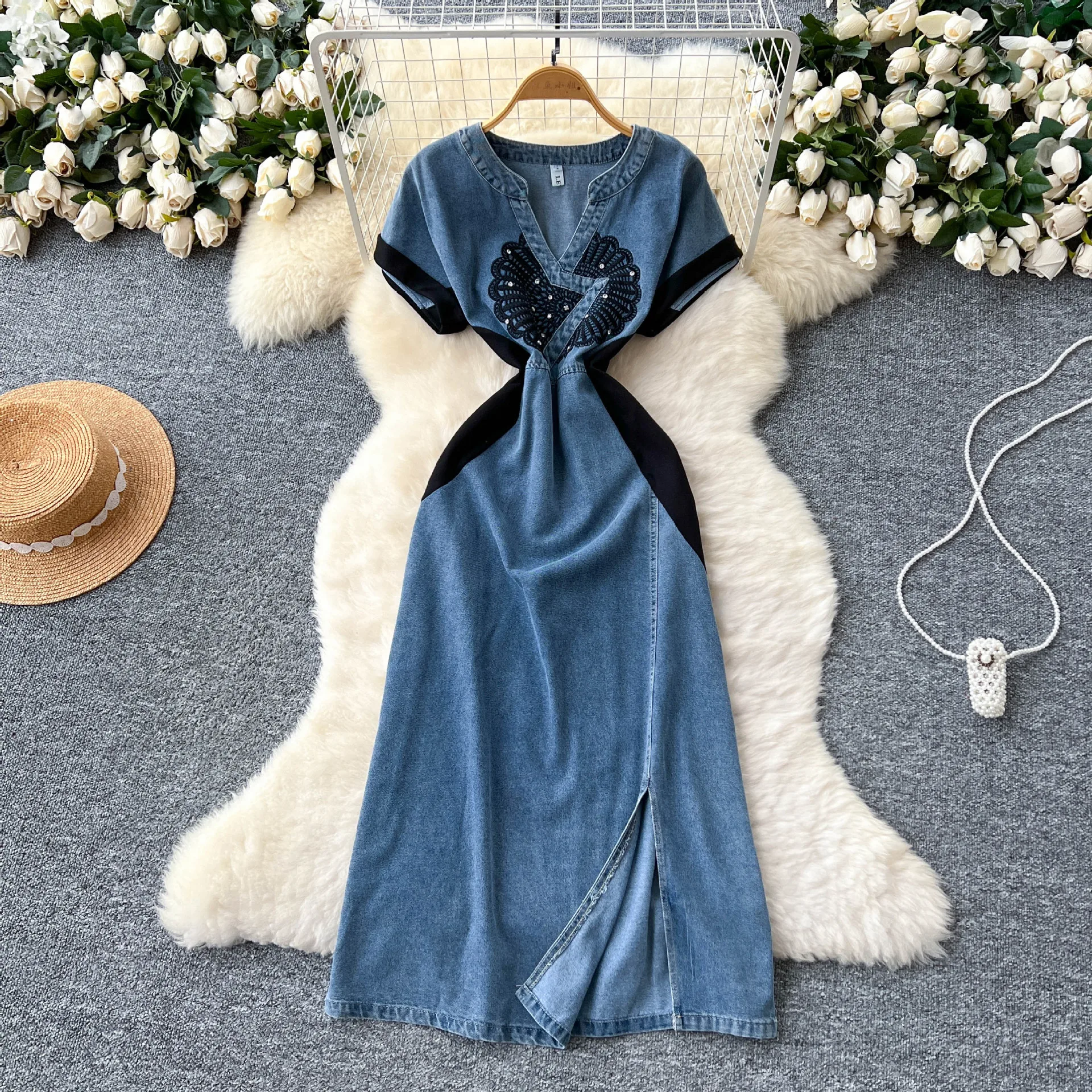

Long Dress Women Denim Dresses A Line Vestidos V Neck Short Sleeve Pritn Work Elegant Splice Y2k Streetwear Summer 2025