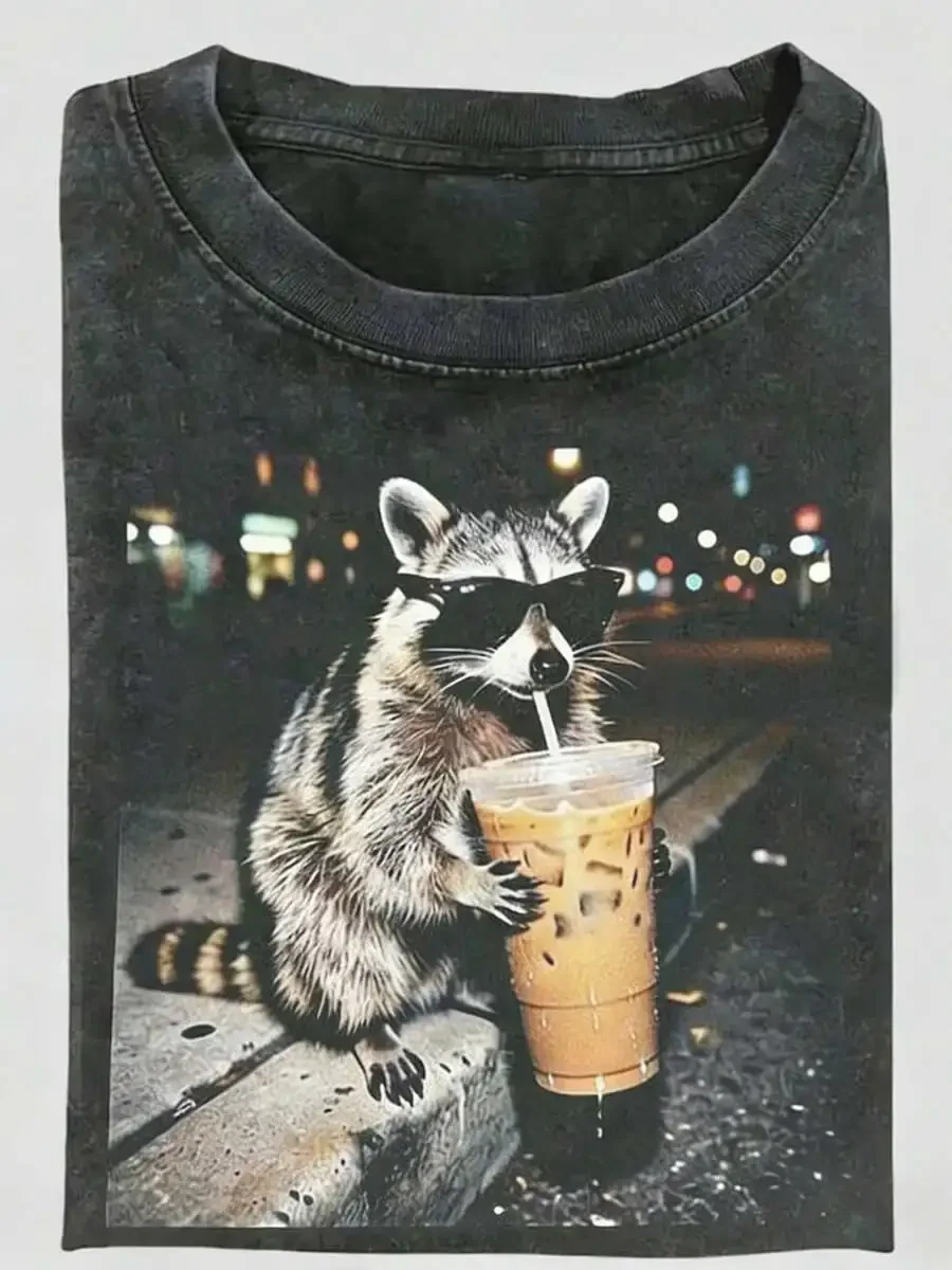 2026 Unisex Acid Wash Heavyweight Cotton T-Shirt, Funny Raccoon Drinking Iced Coffee Graphic Tee, Retro Harajuku Streetwear Casual Short Sleeve Tops For Daily Outfit