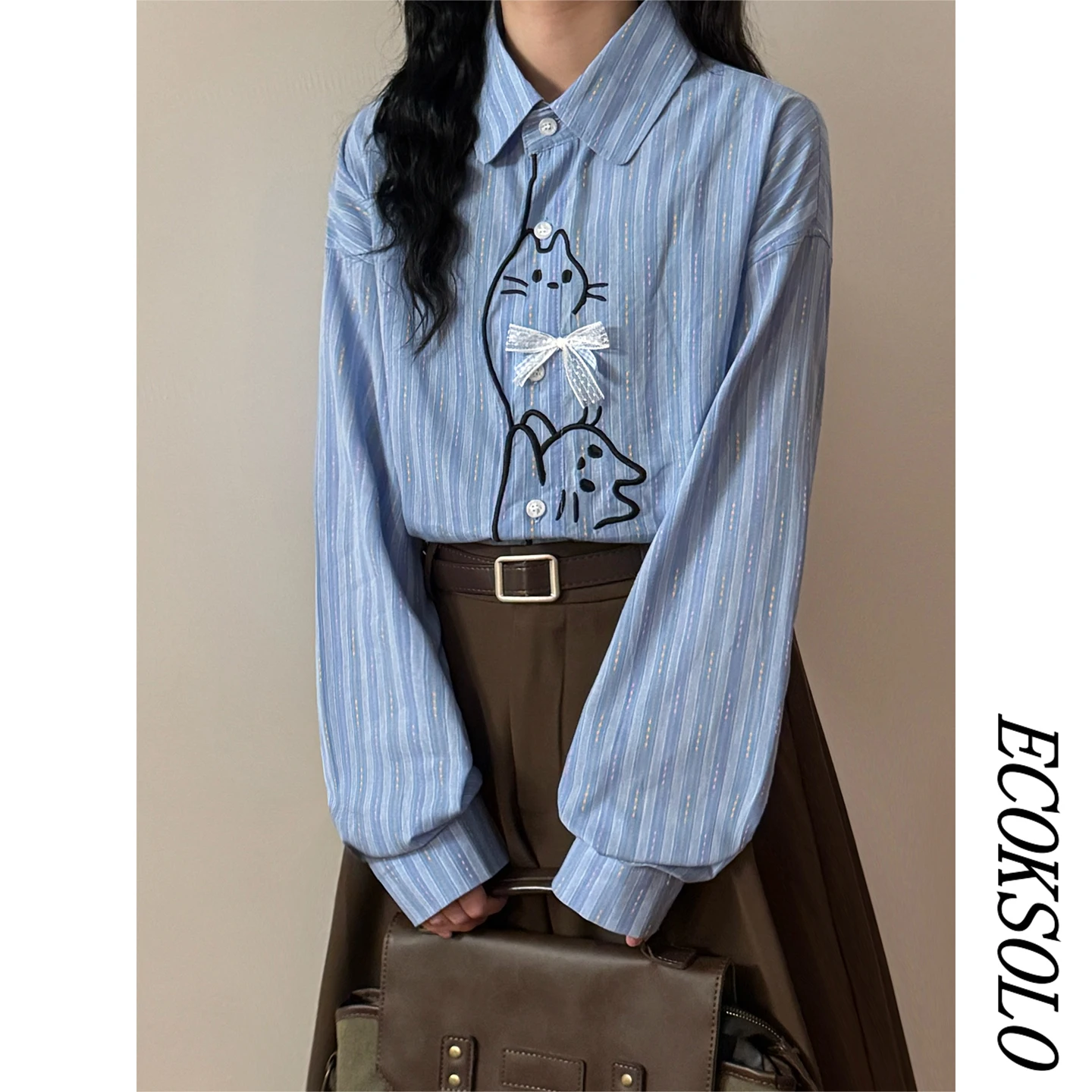 ECOKSOLO2026 Women's Loose Long Sleeve Shirt Casual Comfortable  Design Striped American Retro Style Top Fashionable Autum...