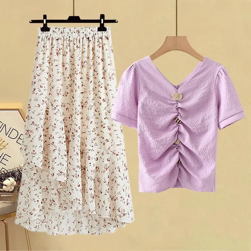 Women\'s Shirts Long Dress Two Piece Suit Summer Foreign Style High Waist A-line Skirts Sets Korean Fashion School Casual Clothes