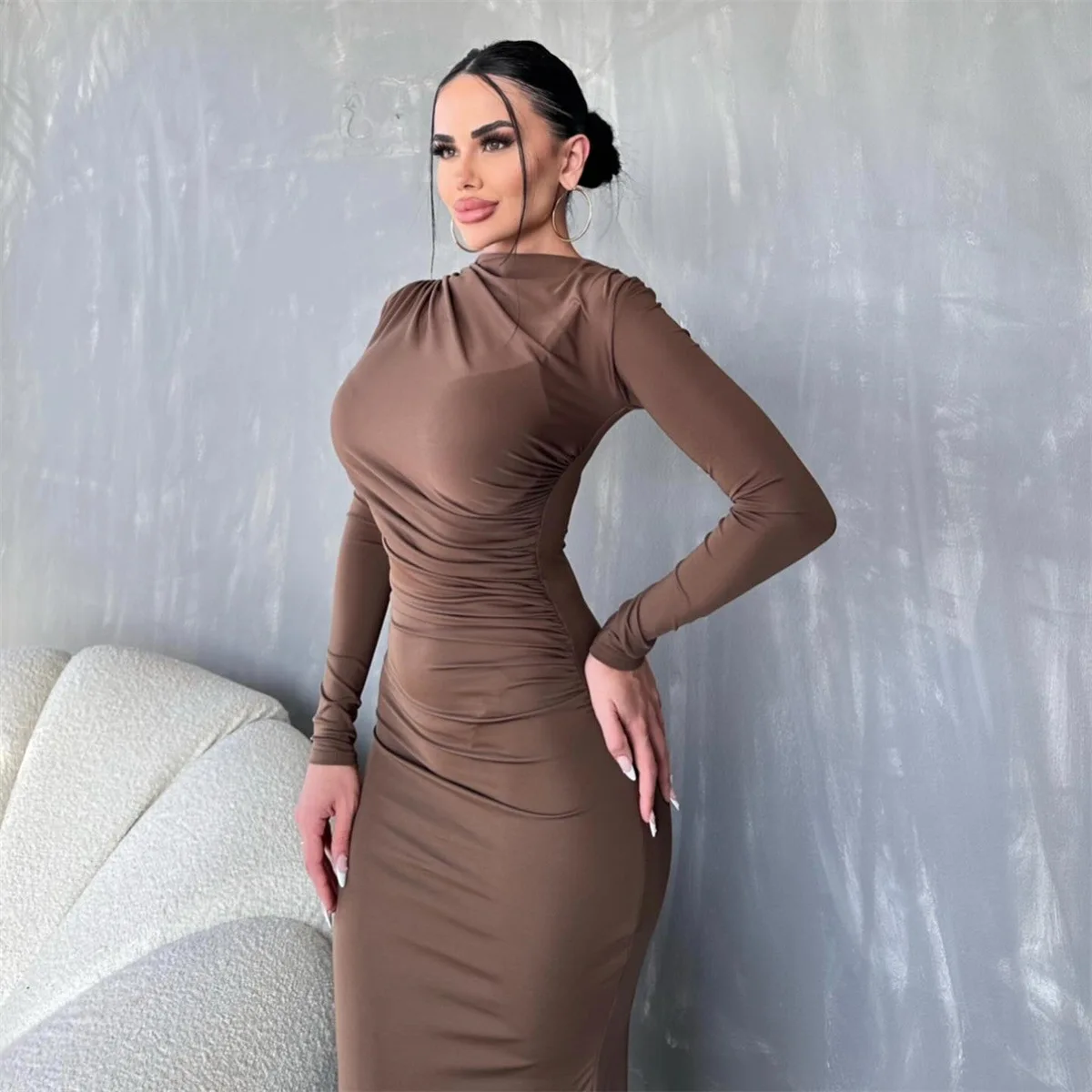 Jesienno-zimowa elegancka i ładna sukienki damskie wieczorowa sukienka Maxi długa moda seksowna Bodycon szlafrok z długim rękawem Femme