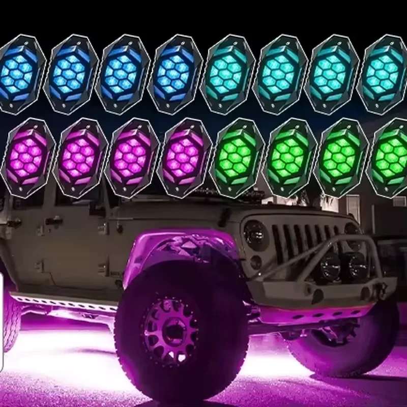 16 Pods Colorful LED Rock Light Universal Car Chassis Light Undergolw Waterproof Neon Lights for UTV Auto Truck Moto
