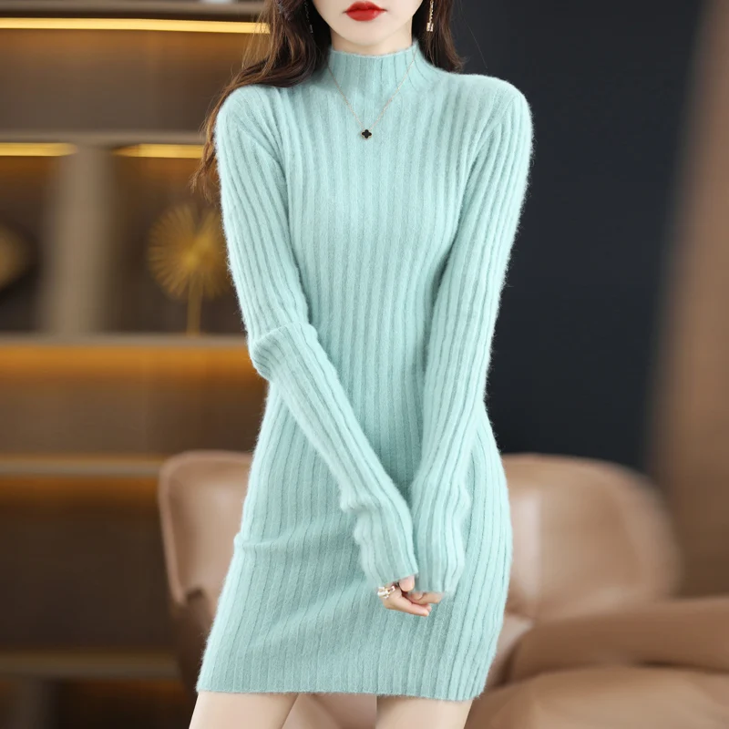 Autumn and Winter 2022 Long Women\'s Sweater 100% Mink Cashmere High Neck Knitted Pullover Korean Fashion Soft Women\'s Top