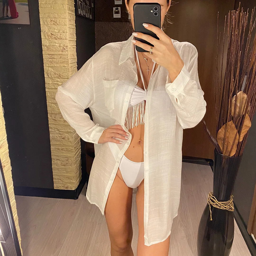 Neues Langarm-Hemd, Tunika, Strandkleid, Strandbekleidung, Strand-Cover-Up, lässiges Oberteil, weißes Pareo, Damen, V4157 – Detail 4