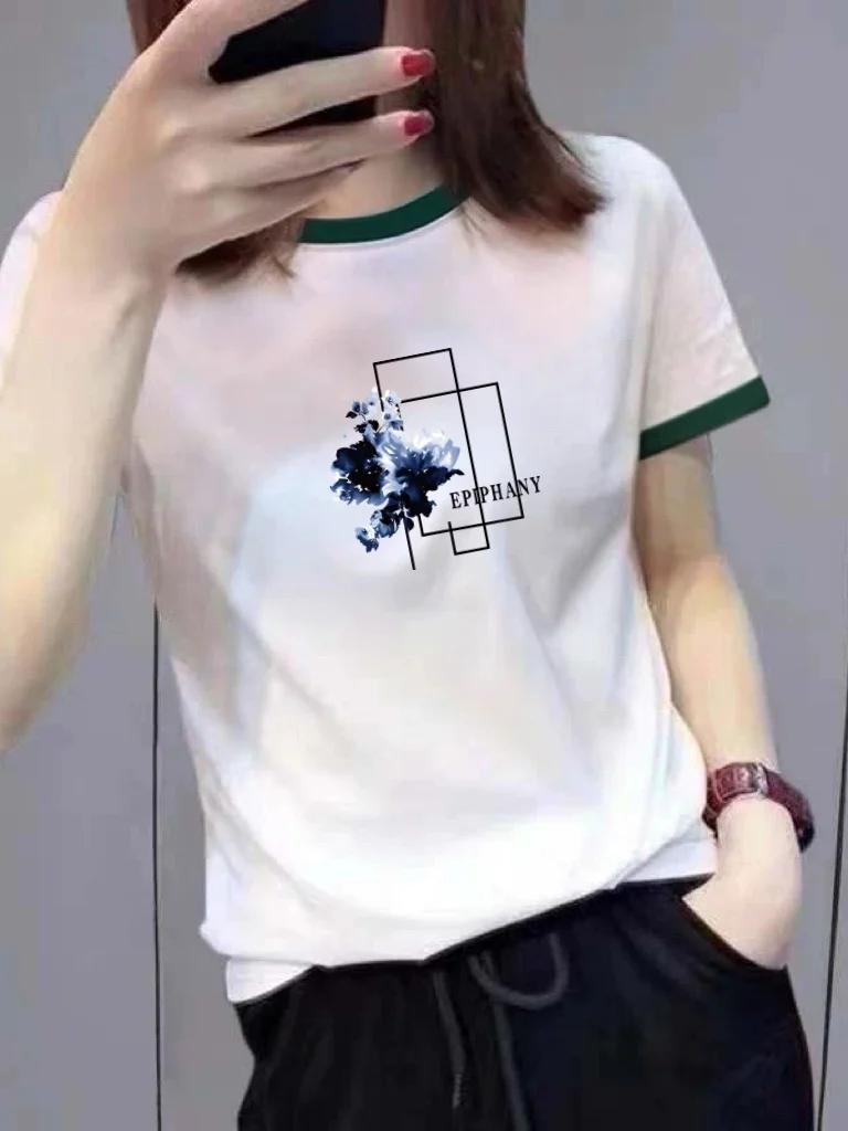 

Color Block Collar Letter Print Short Sleeve T-Shirt Women Loose Versatile Slimming Top Mommy Casual Style Polyester Fiber