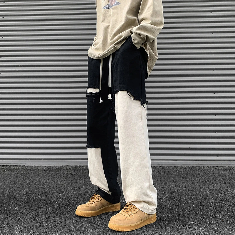 

College Style Men's Patchwork Trousers Loose Casual Fashion Man Jeans Hip Hop Street Straight Leg Pants