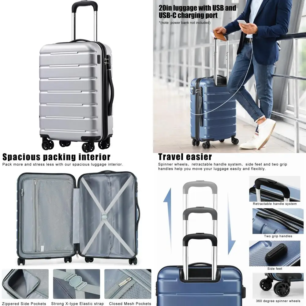 Carry-On Spinner Luggage TSA Lock Expandable Hardshell Lightweight 20 Inch Suitcase with USB Port, Silver