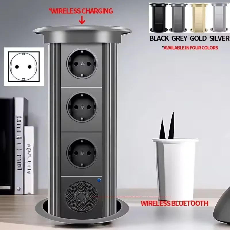 

Motorized Lifting Pop Up Tower Power Outlet Hidden Mounted Kitchen Worktop USB Type C Socket with Speaker Wireless Charging