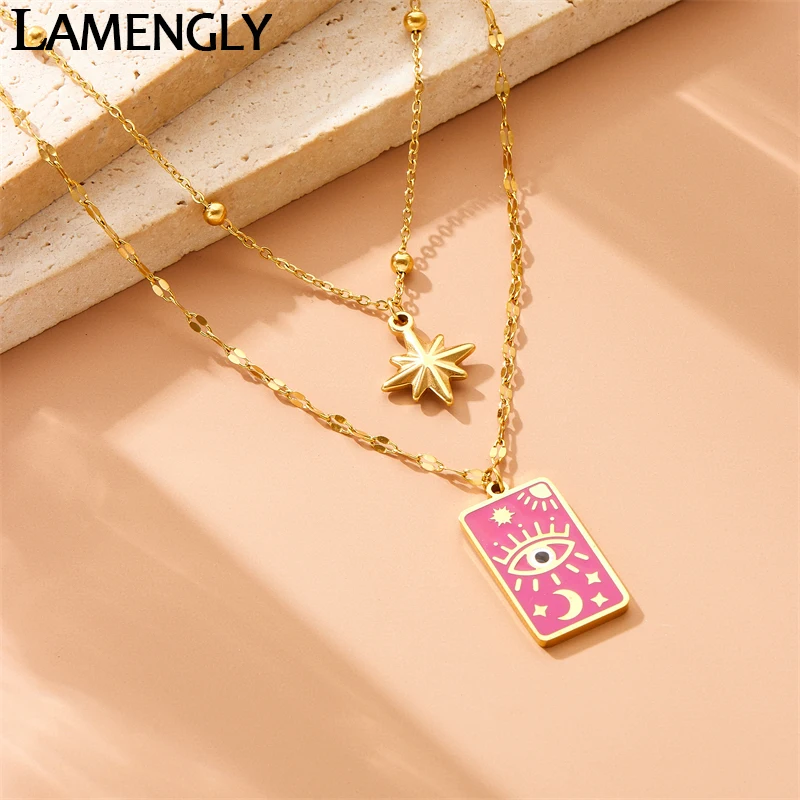 LAMENGLY High Quality 316l Stainless Steel Pink Enamel Exaggerated Eye Sun Moon Stars Elements Pendant Necklace Party Gift