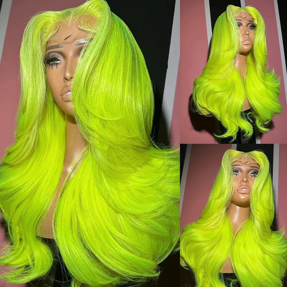 WIF Natural Wave Neon Green Yellow Color Synthetic Wig Women Cosplay Use Long Wavy Middle Part Lace Front Wigs Heat Fiber Hair