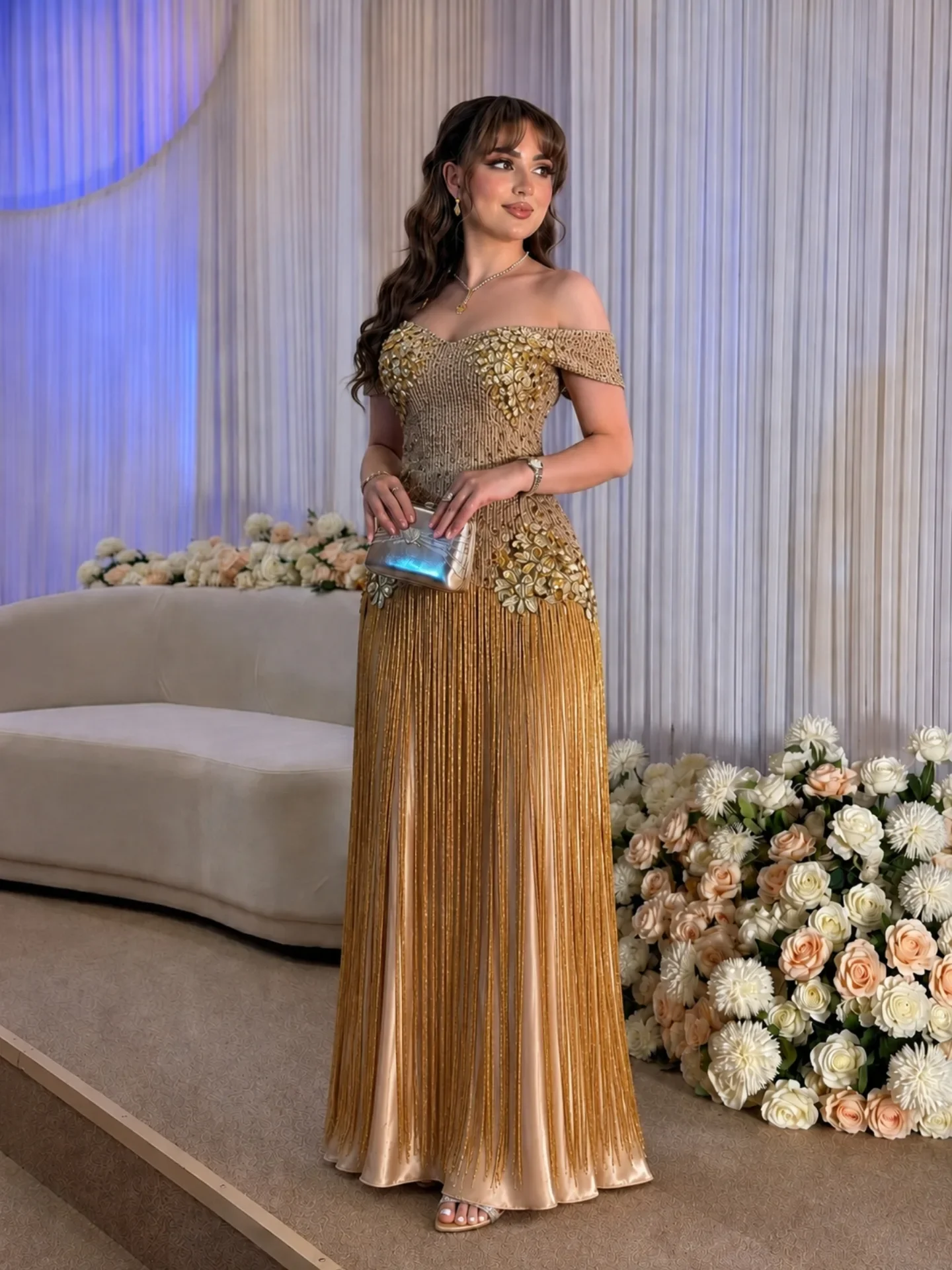 Dresses For Woman Formal Evening Dress Gradient Fringe 3D Flower Embellished Gala Dress Vestidos De Fiesta Elegantes فستان حفلة