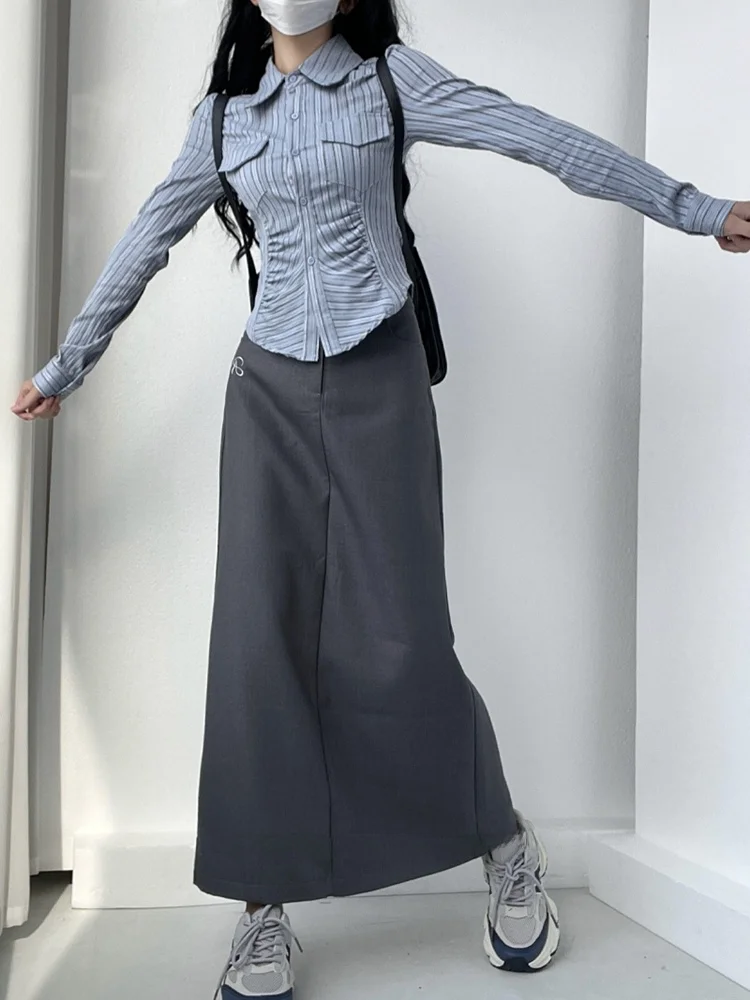 العالمي الكاكي ربيع جديد عالية الخصر ألف خط سبليت دعوى تنورة تنوعا مباراة تنورة طويلة لون نقي خطوة هملين تنانير للسيدات