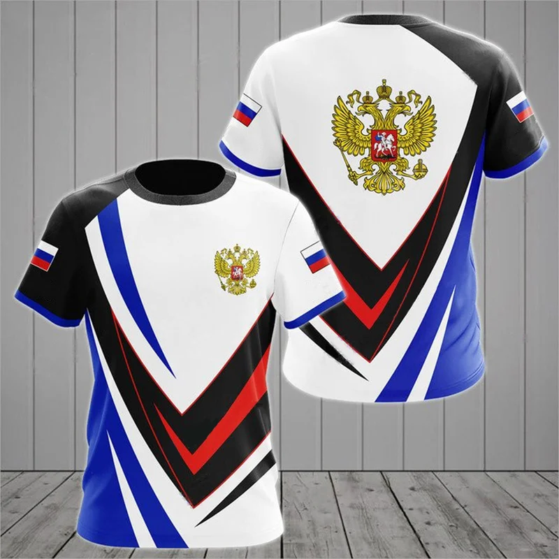 

2025 Fashion Russia Emblem T-shirt For Men Clothes Personality Patriotic Theme Short Sleeve T Shirts Stripe Design Casual Tee