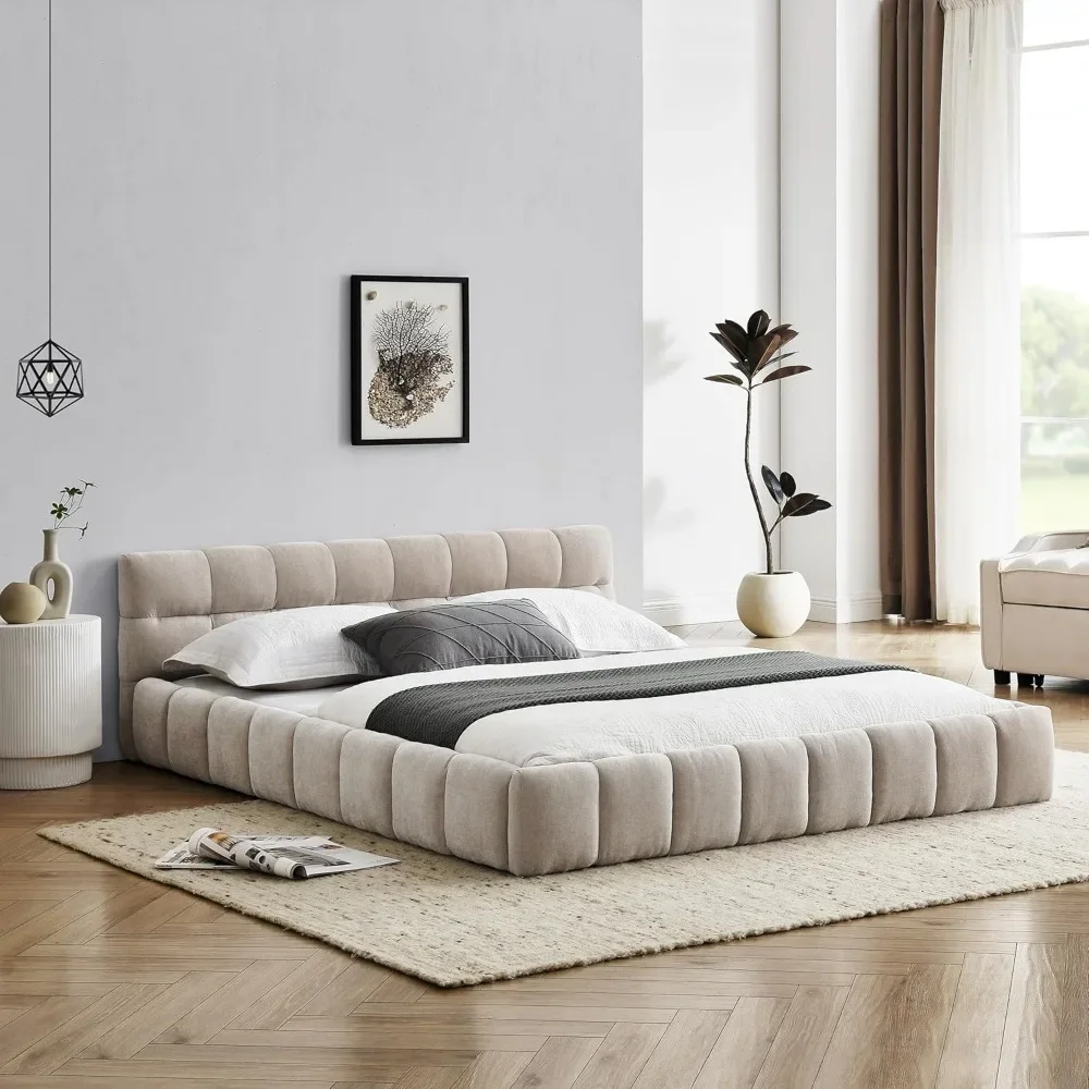 Queensize Bedframe Met Wolkenzacht Hoofdeinde, Geaard Gestoffeerde Houten Basis, Modern Chenille Gestoffeerd Wolkenbedframe