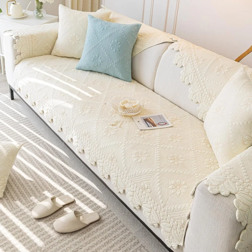 100% Cotton Quilted Floral Embroidered Sofa Cover - Non-Slip, Soft, Washable Couch Slipcover for Furniture Protection
