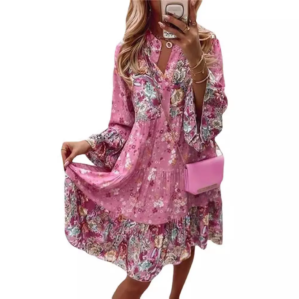 2025 Spring and Summer New Women's Printed Splicing Trumpet Sleeve Loose Short Skirt Layered Mini Dress Vestidos De Mujer