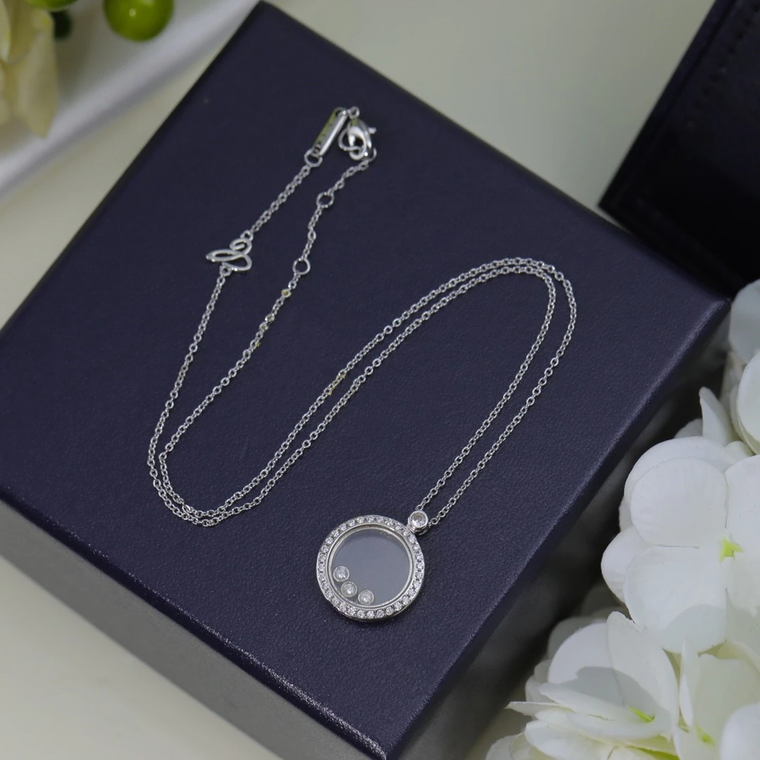 Original 925 Sterling Silver Luxury High-end Round Women's Necklace, Three Main Diamonds Movable Party Gift, Free Delivery