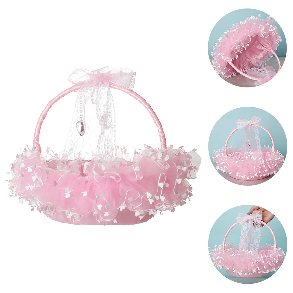 Decorate Flower Basket Bride Country Fake Hanging Cloth Pink Lacy Baskets Portable Lace