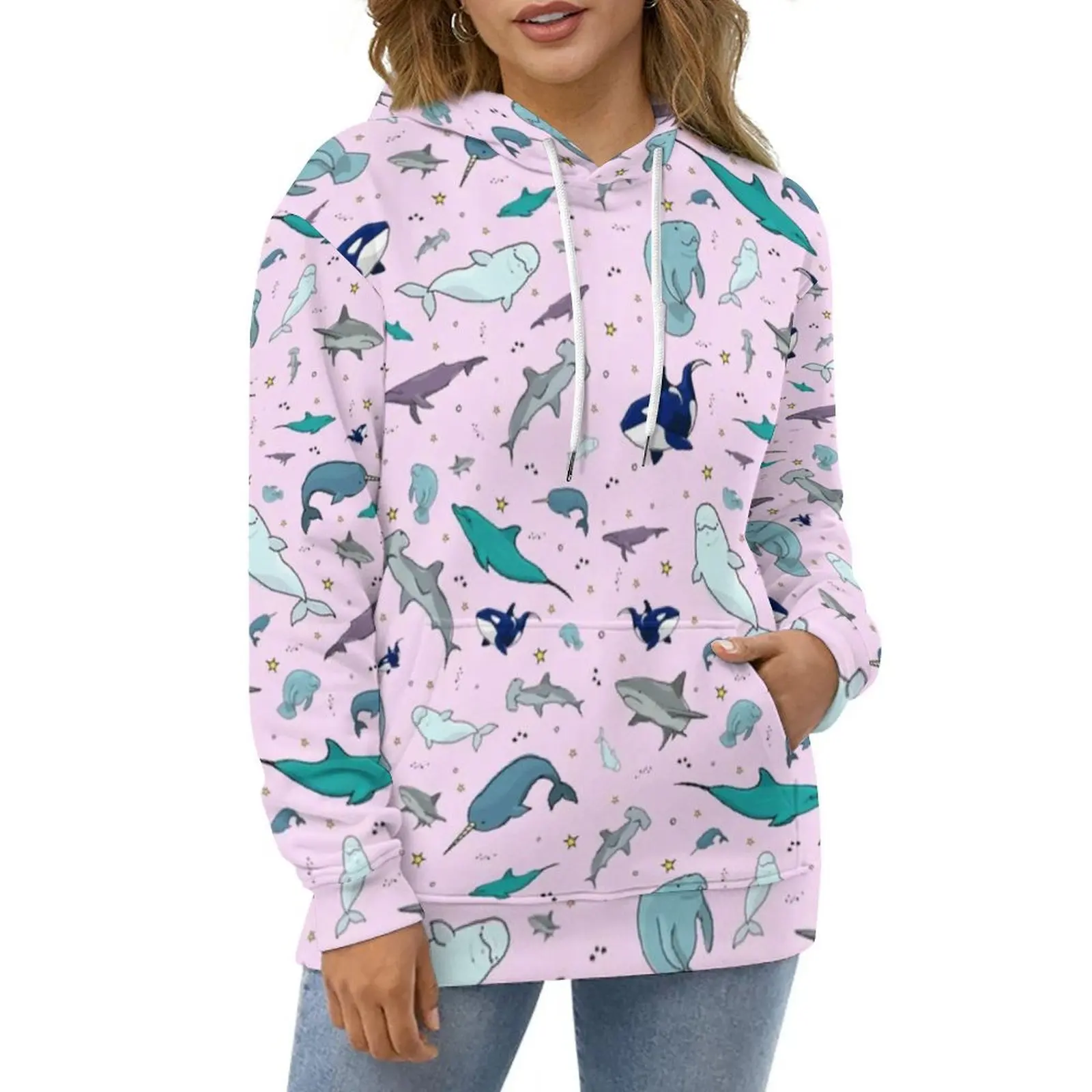 

Funky Shark Casual Hoodies Cute Ocean Life Pattern Elegant Hoodie Woman Long Sleeve Street Fashion Loose Oversized Clothing