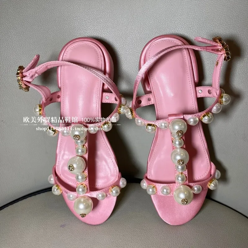 Pink Pearl Bling Bling T-Strap Women Sandals Pink Cute Low Heels Flat Sole Summer Sandals Slingback Fashion Bling Bling Shoes