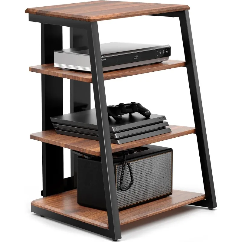 Design 4-Tier AV Media Stand Corner Shelf for Record Player Wooden Stereo Cabinet Audio Rack Tower with Height Adjustable