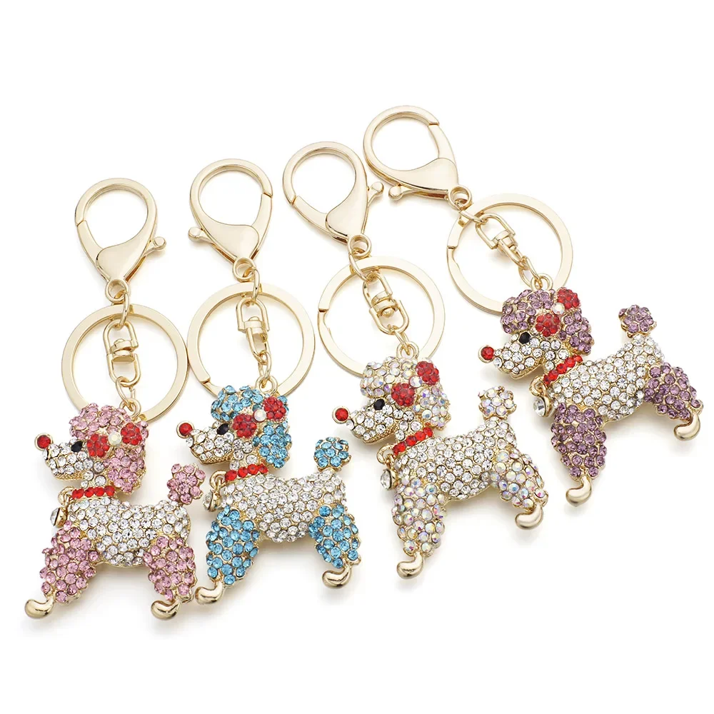 Fashion Colorful Rhinestone-studded Cute Puppy Design Key Chain Creative Metal Car Key Chain Poodle Shaped Rhinestone Pendant