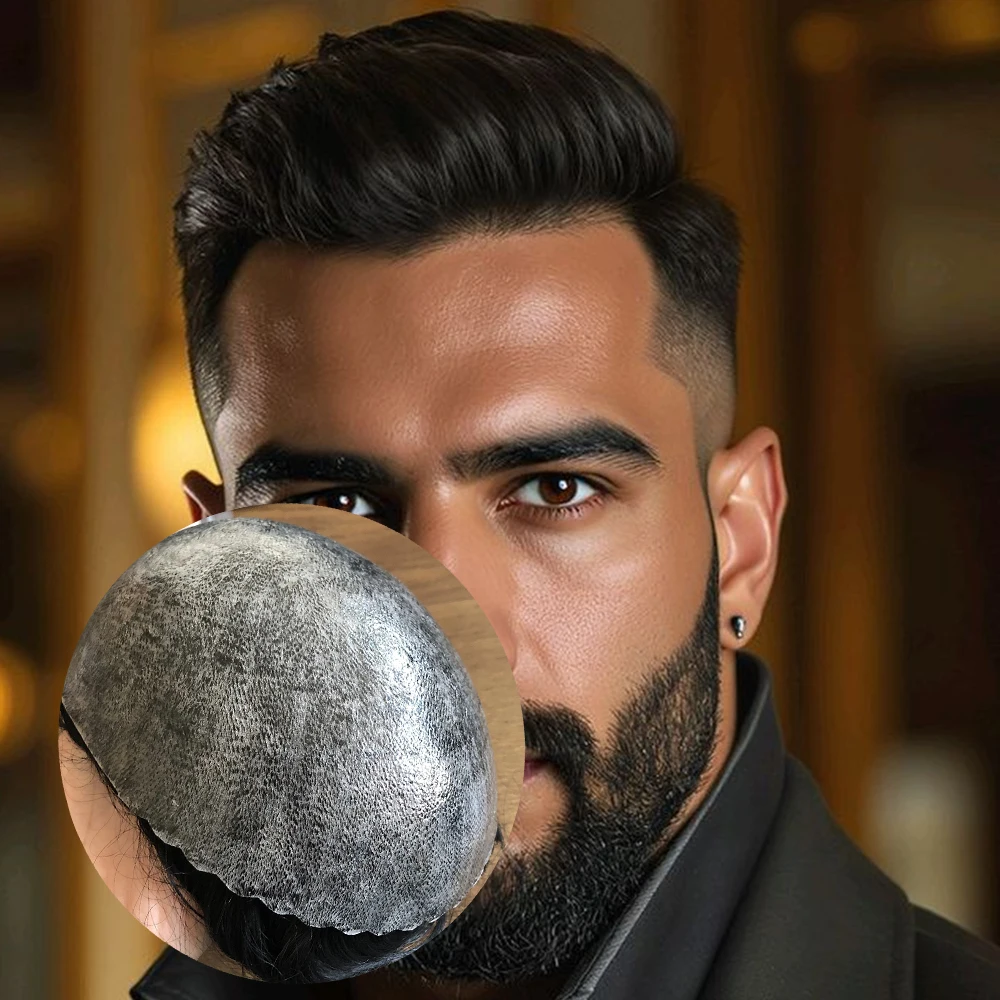 

Незаметный # Мужской парик-накладка из натуральных волос Jet Black, 0.1 мм, с имитацией кожи, капиллярный протез, самый дешевый, серо-коричневый