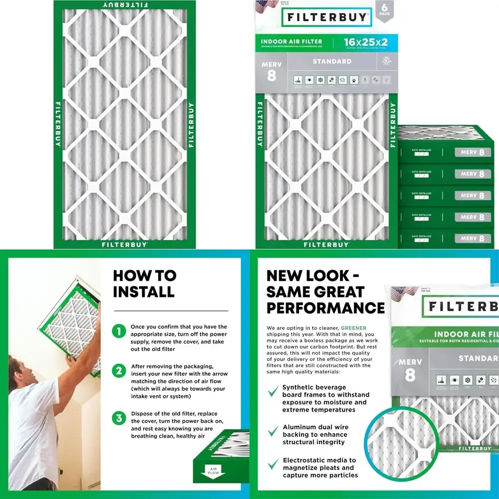 

6-Pack MERV 8 Pleated Air Filters for Dust and Allergy Relief - HVAC AC Furnace Replacement (Actual Size: 15.5 x 24.5 x 1.75)