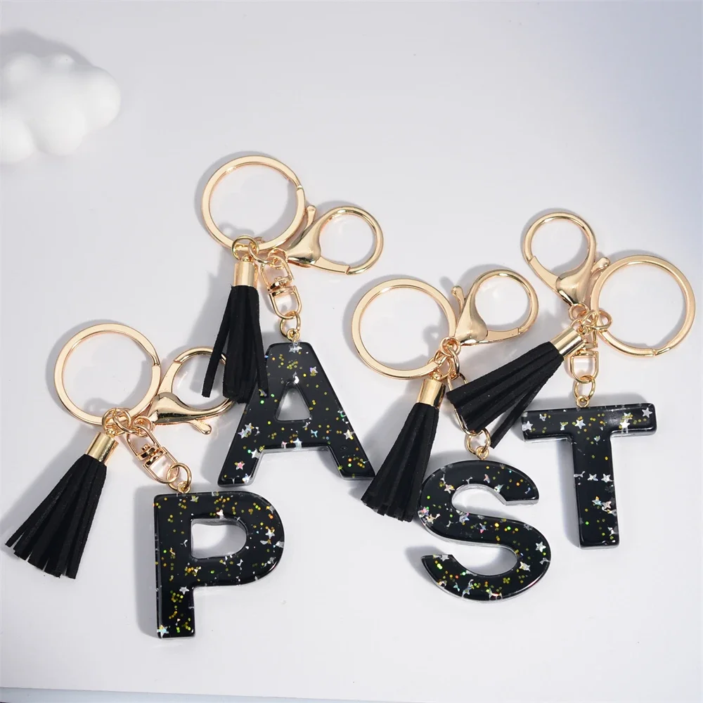 Mystery Black 26 Letters Key Chain Shine Stars Sequins Resin Keyring For Car Holder Tassel Keychains Women Handbag Charms