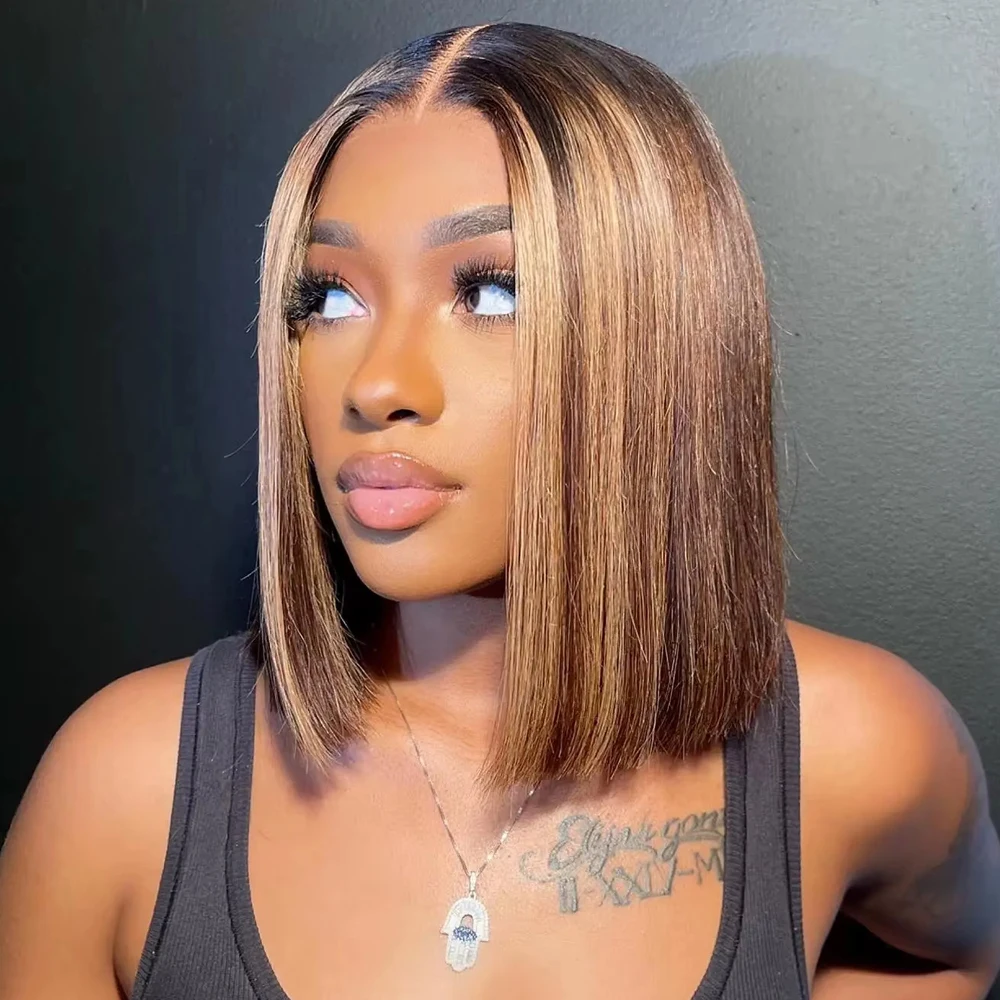 

Bob Wig 13x4 Short Straight Remy Hair Ombre 4/27 Highlight Wigs Human Hair 200 Density HD Transparent Lace Front Human Hair Wig