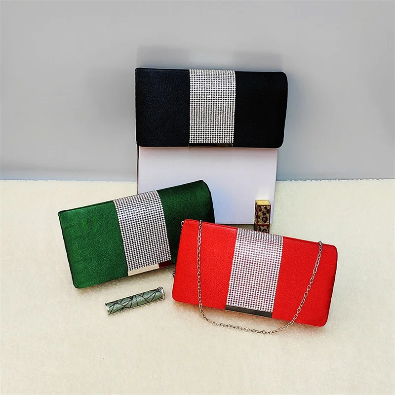 

High-end Faux Silky Dark Green Evening Purse Classic Diamonds Decor Flap Fold Clutch Wedding Party Handbags with Crossbody Chain