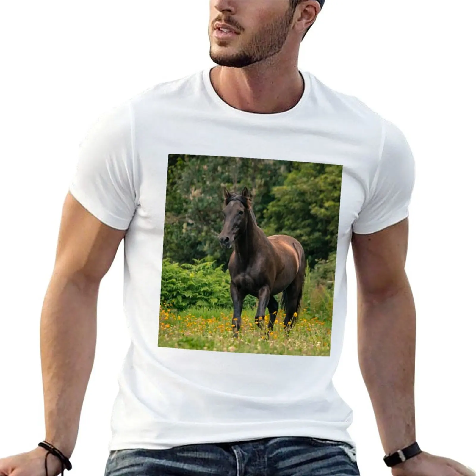 Caballo de cuento de hadas negro, raza Lusitano, corriendo libre al aire libre en el campo de flores. Camiseta camisetas para hombre camiseta gráfica divertida