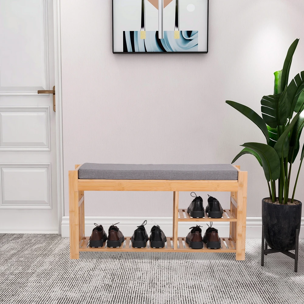 

100%BambooShoeStoolWithCushionThree-LayerEntranceBench WithShoeRackShoeStoolWithStorageRackInBedroomAnd BathroomNatural