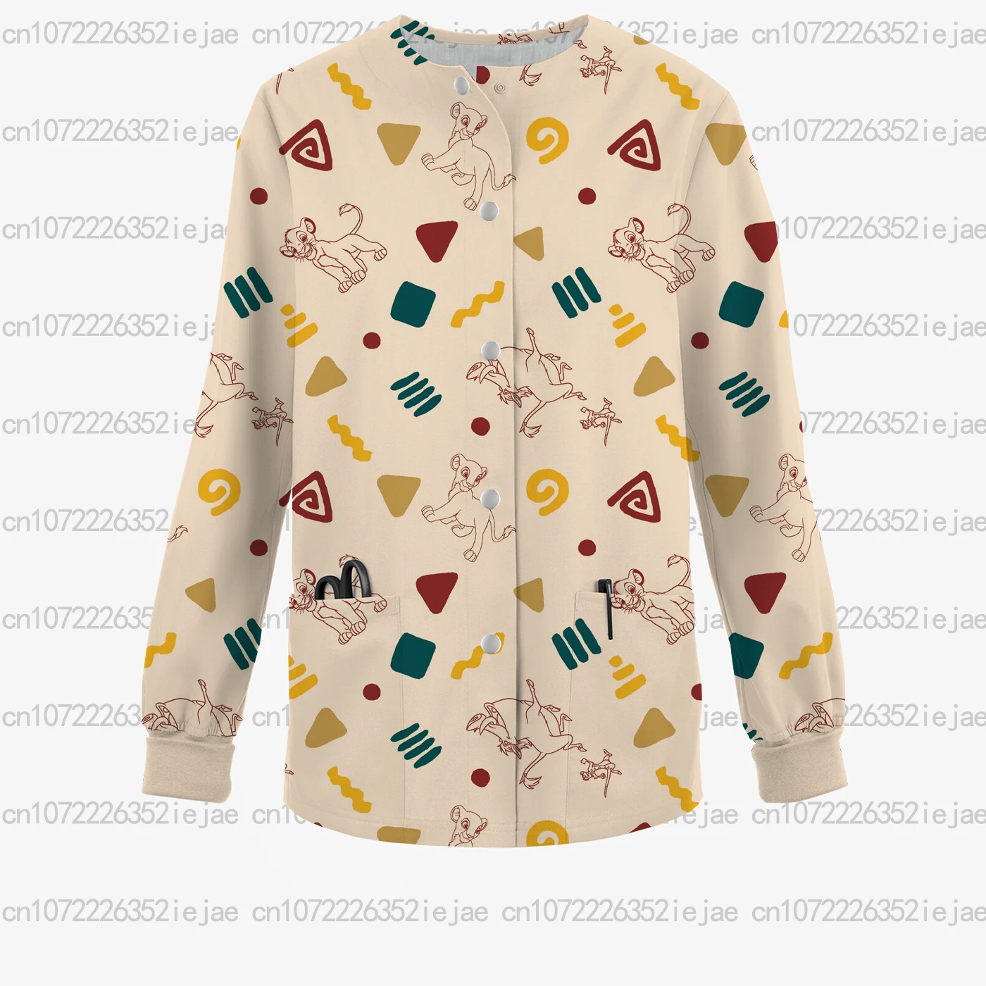 Cardigan girocollo stampato, Disney Simba, giacca opaca da donna del re leone, giacca uniforme da lavoro medico/dentale alla moda