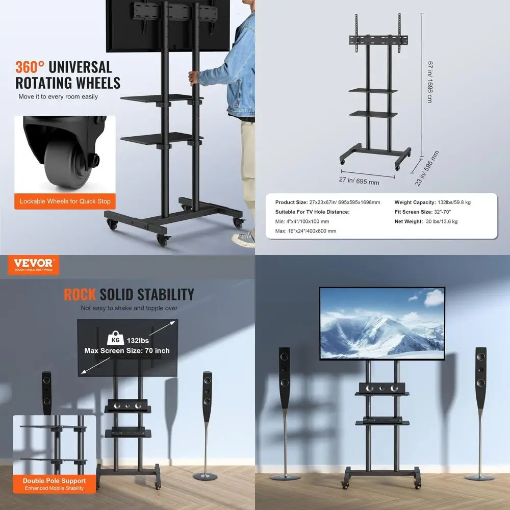 

Мобильная тележка для телевизоров с диагональю от 32 до 70 дюймов, портативная подставка для телевизора с регулируемой высотой на колесах и двойным подносом для аудиовизуальных устройств,
