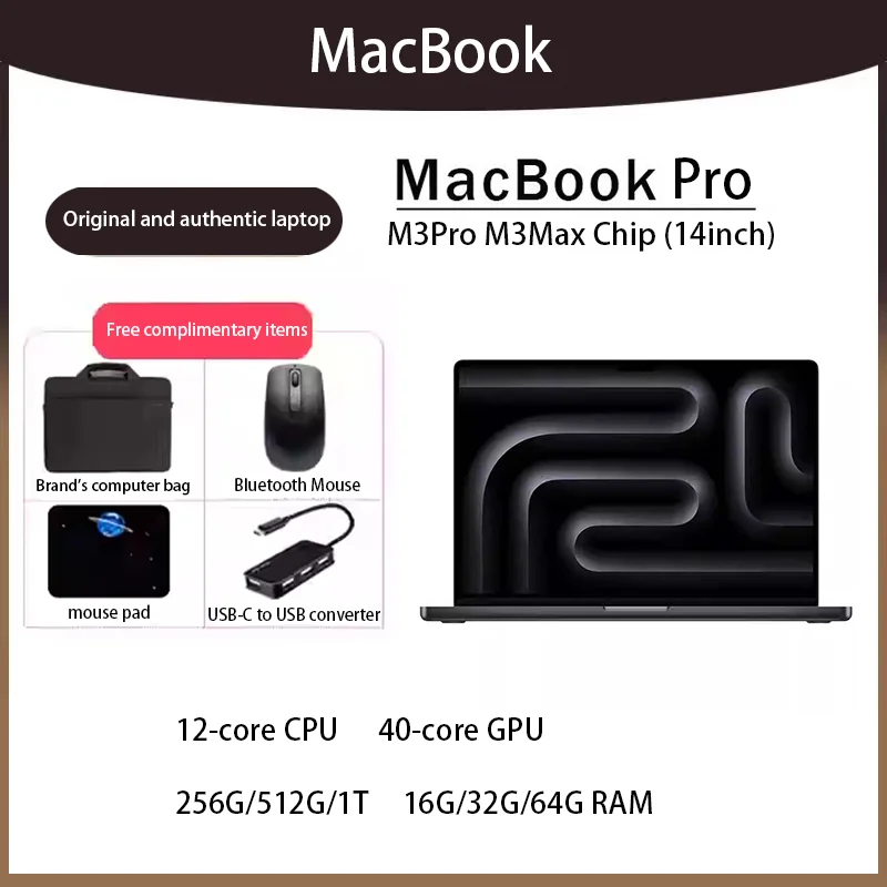 2023 MacBook Pro M3Pro M3Max 14Inch 12-core CPU 40-core GPU 256G/512G/1T/2T 16G/32G/64G RAM.