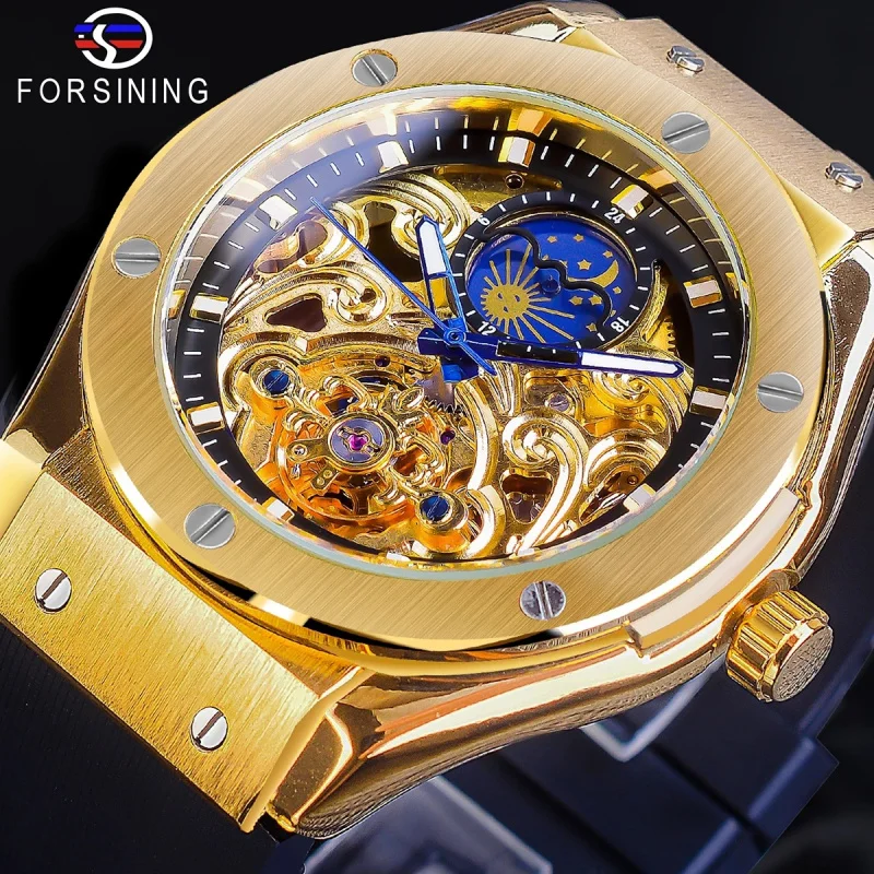 

Official brand of free shippingGold Men's Strap Moon Phase Hollow Automatic Mechanical Watch Silicone Strap