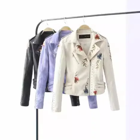 Spring Autumn PU Leather Jacket Women Motorcycle Embroidered Rivet Blazer Outerwear Coats