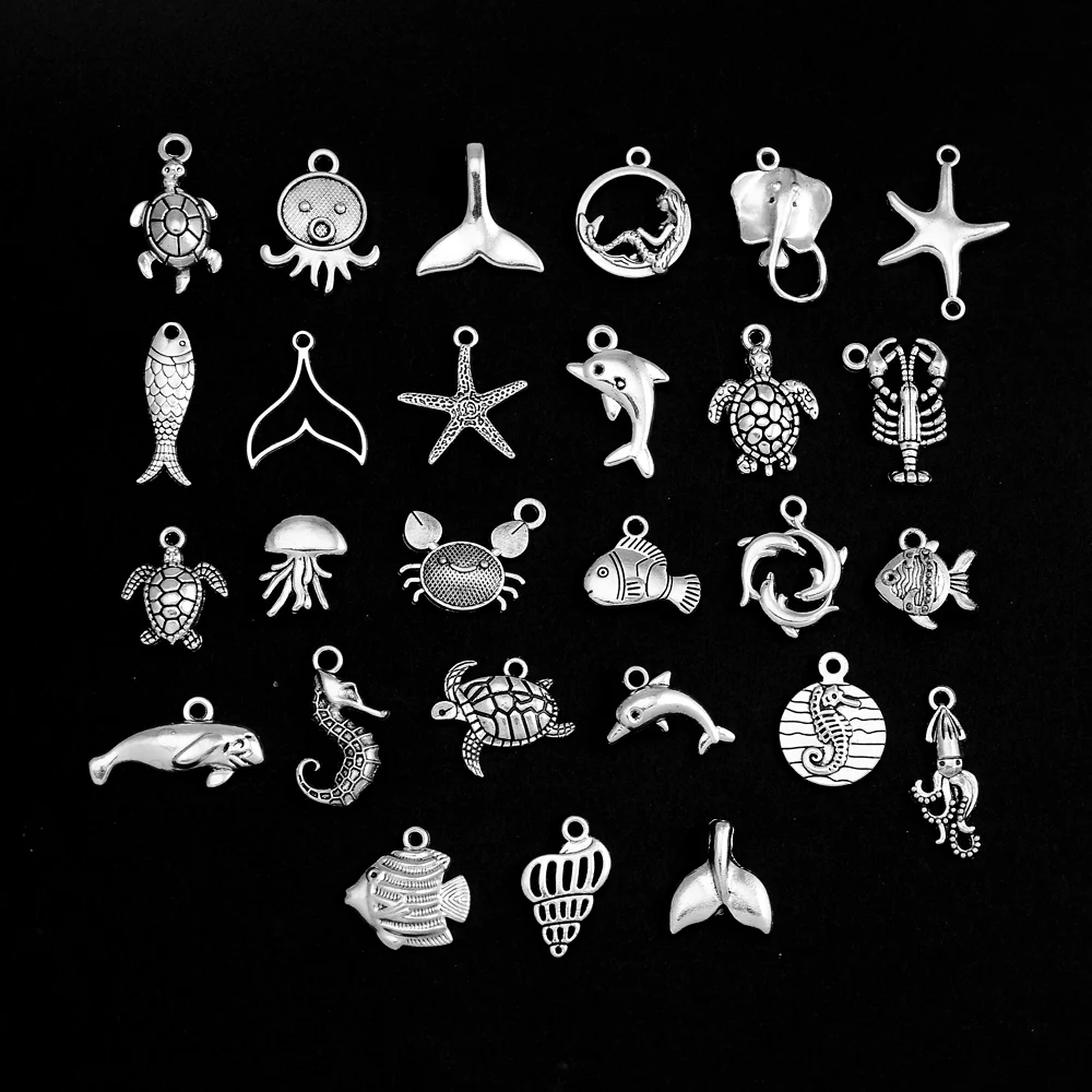 30pcs 27 Style Whale Mermaid Tail Hippocampus Starfish Turtle Charms Ocean Marine Pendants For DIY Jewelry Making Accessories