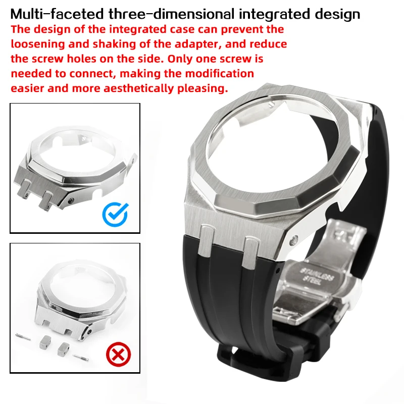 متوافق مع GA-2100/2110/B2100 GMA-S2100 حافظة معدنية من الفولاذ المقاوم للصدأ بحزام مطاطي ملحقات تعديل الساعة.