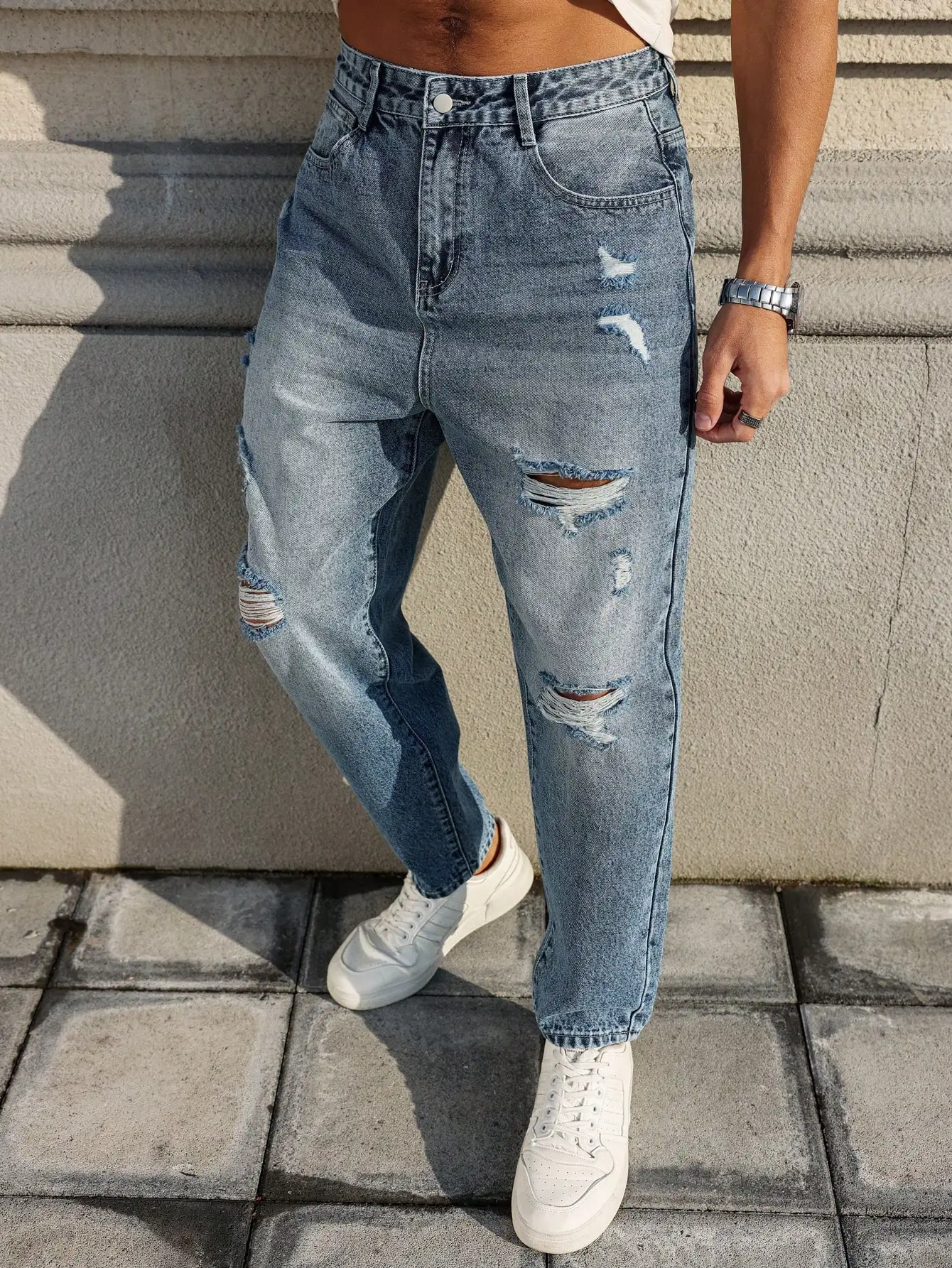 Vaqueros rasgados azules para hombre, pantalones de mendigo desgastados retro, pantalones harem sueltos de tendencia callejera