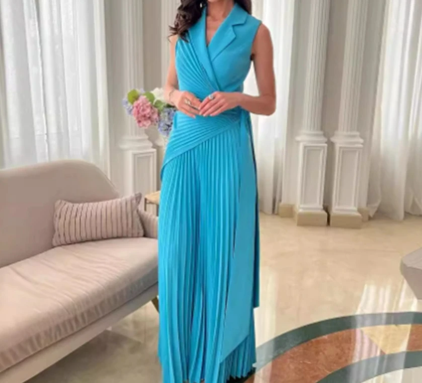 Jumpsuit Women 2024 Summer Fashion Pleated Lace Up Elegant Notch Collar Sleeveless Solid Color High Waist Wide Leg Jumpsuit